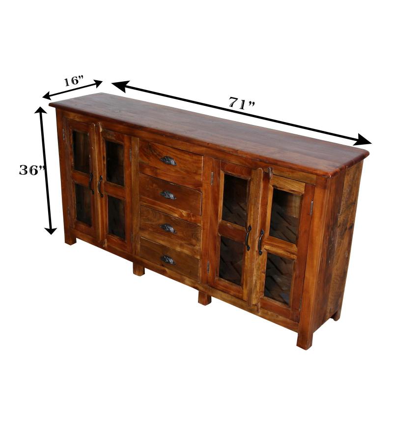 SOLID RECLAIMED TEAK WOOD & GLASS SIDEBOARD CABINET W/ 4 DRAWERS & 4 DOORS