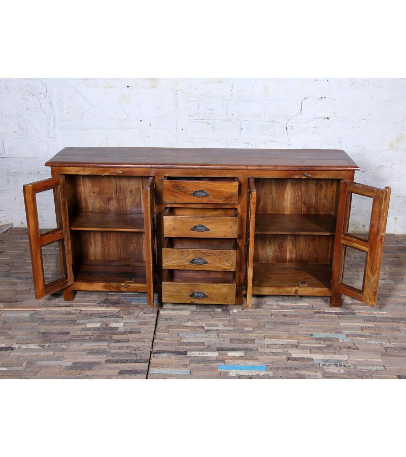 SOLID RECLAIMED TEAK WOOD & GLASS SIDEBOARD CABINET W/ 4 DRAWERS & 4 DOORS