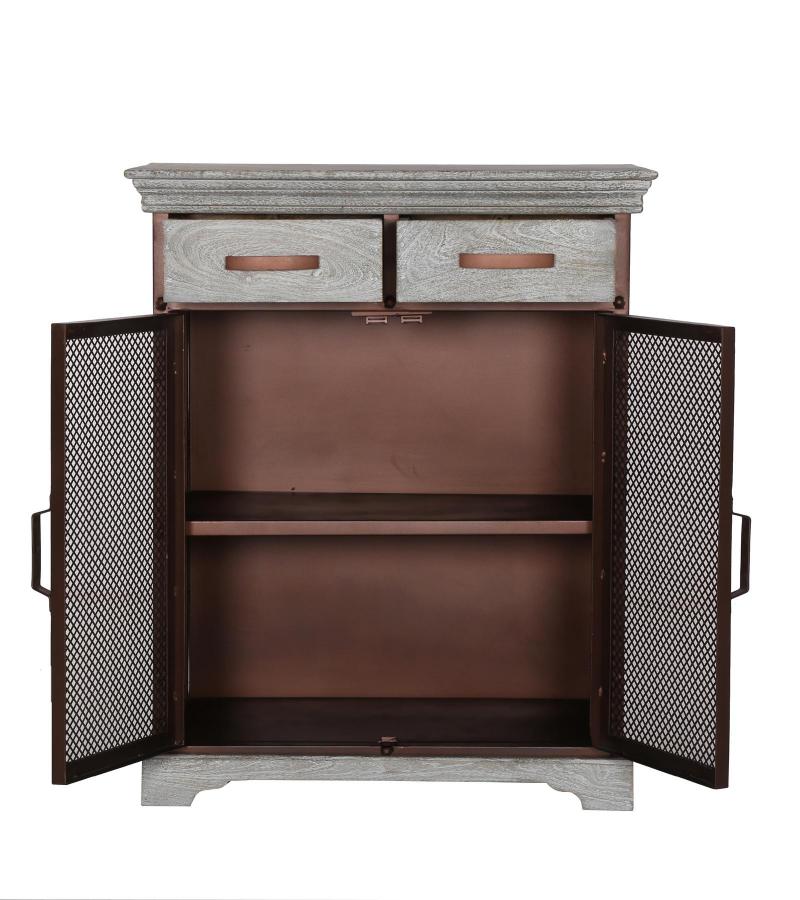 SOLID WOOD & METAL CABINET W/ 2 DOORS & 2 DRAWERS