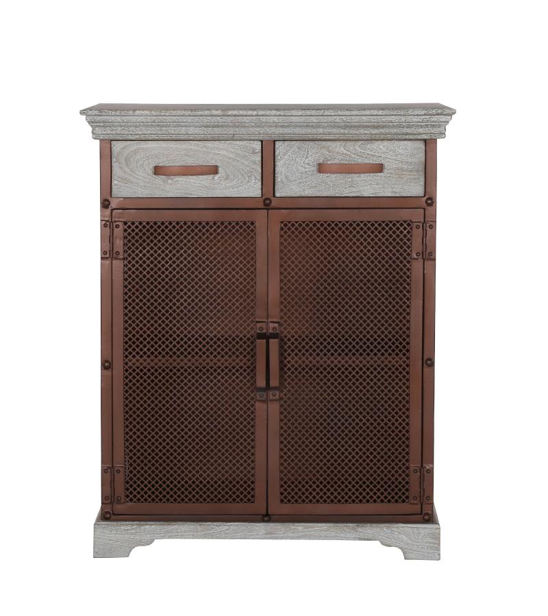 SOLID WOOD & METAL CABINET W/ 2 DOORS & 2 DRAWERS