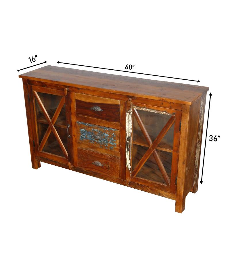 SOLID RECLAIMED TEAK WOOD & GLASS W/ 3 DRAWERS & 2 DOORS