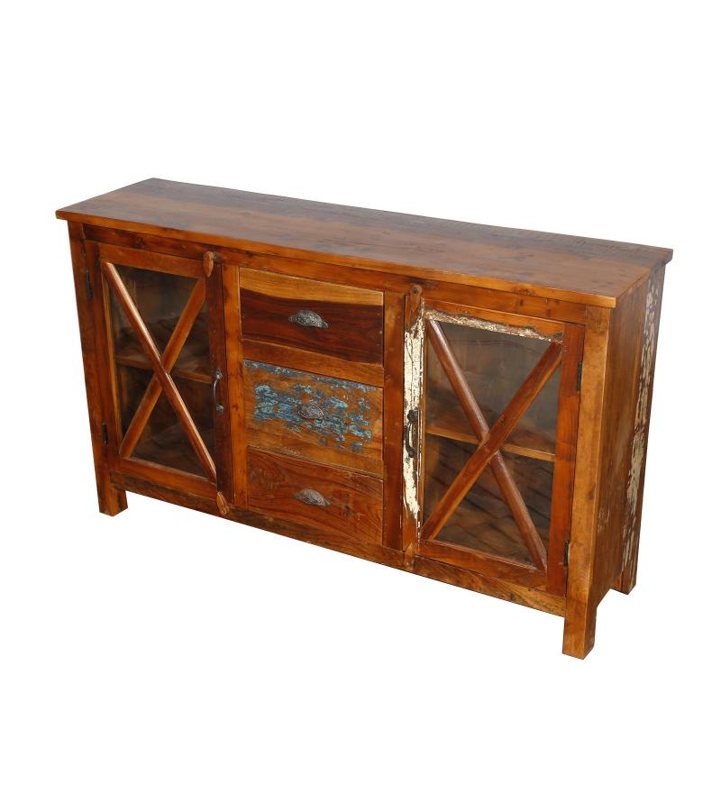 SOLID RECLAIMED TEAK WOOD & GLASS W/ 3 DRAWERS & 2 DOORS