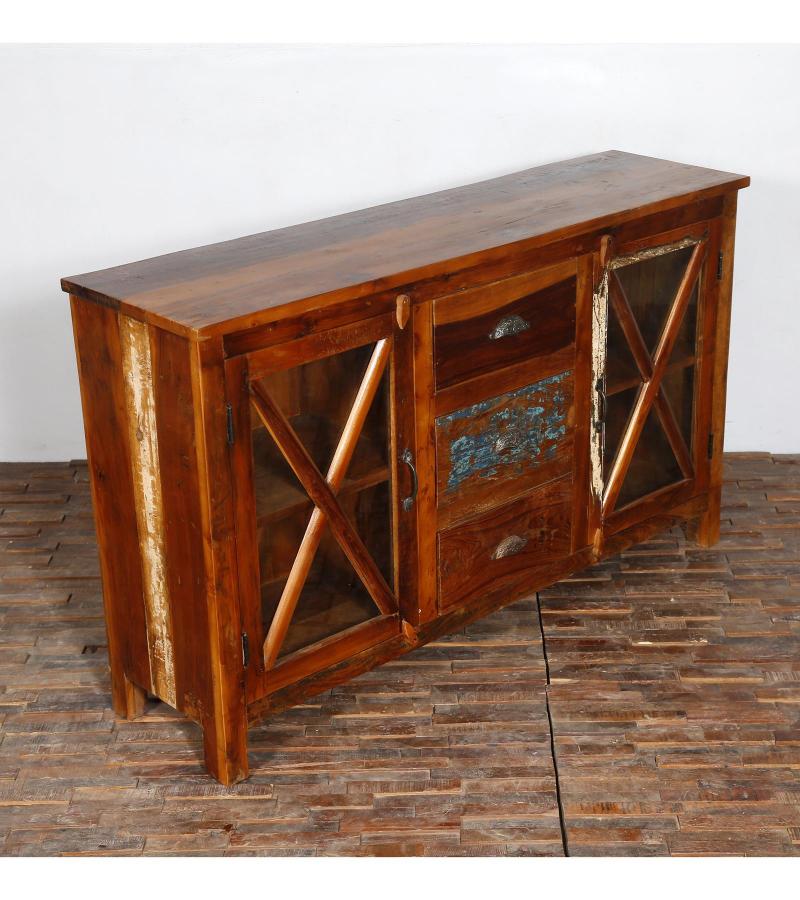 SOLID RECLAIMED TEAK WOOD & GLASS W/ 3 DRAWERS & 2 DOORS