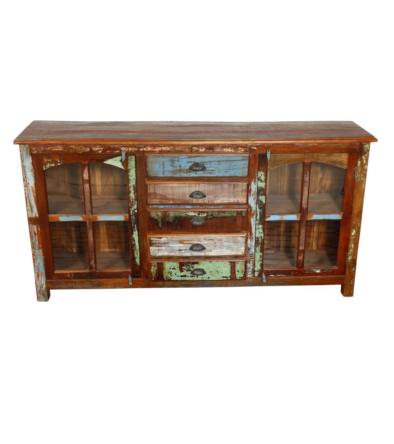 SOLID RECLAIMED TEAK WOOD & GLASS SIDEBOARD CABINET W/ 4 DRAWERS & 2 DOORS