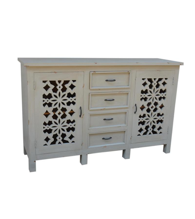 HAND CARVED SOLID WOOD SIDEBOARD W/ 2 DOORS & 4 DRAWERS