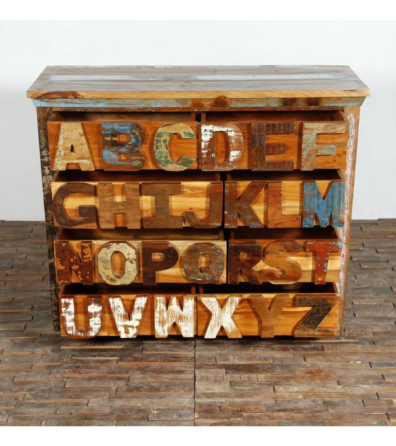 HAND CARVED SOLID RECLAIMED TEAK WOOD 'ABC' DRESSER BUREAU