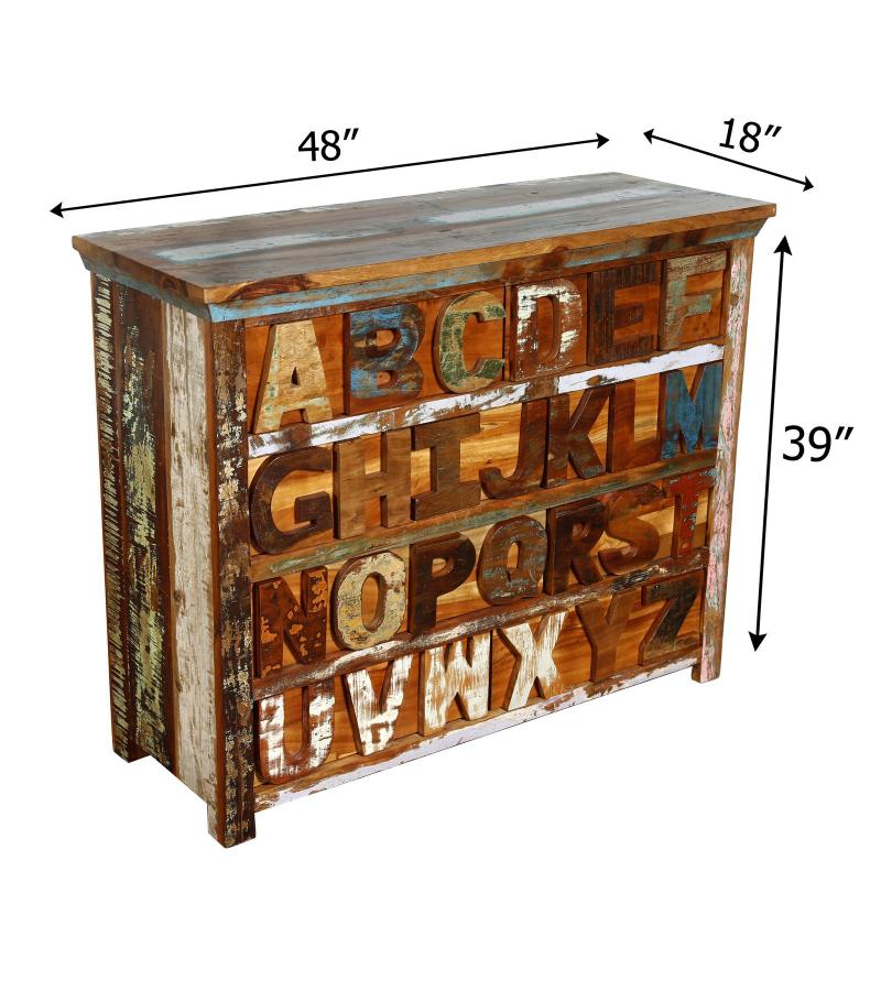 HAND CARVED SOLID RECLAIMED TEAK WOOD 'ABC' DRESSER BUREAU