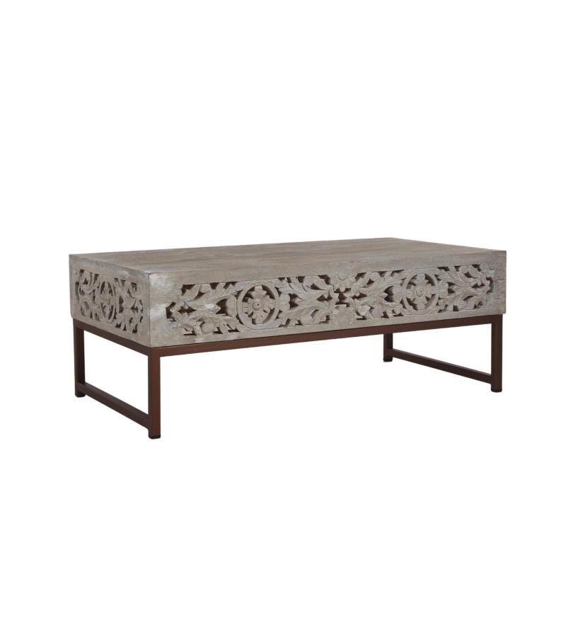 HAND CARVED WOOD & METAL COFFEE TABLE
