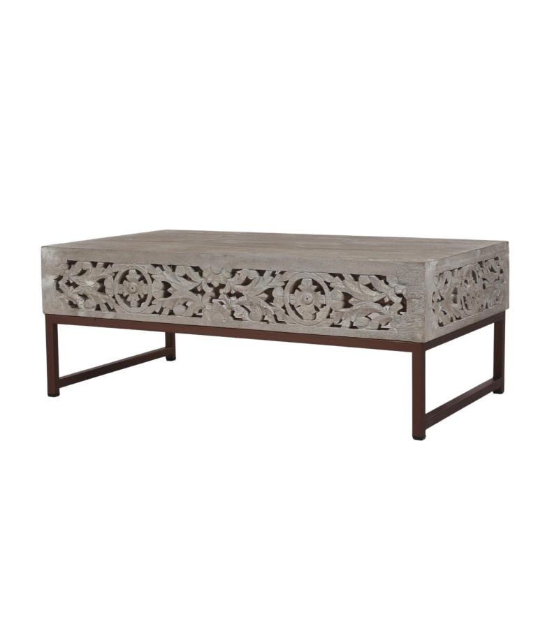 HAND CARVED WOOD & METAL COFFEE TABLE