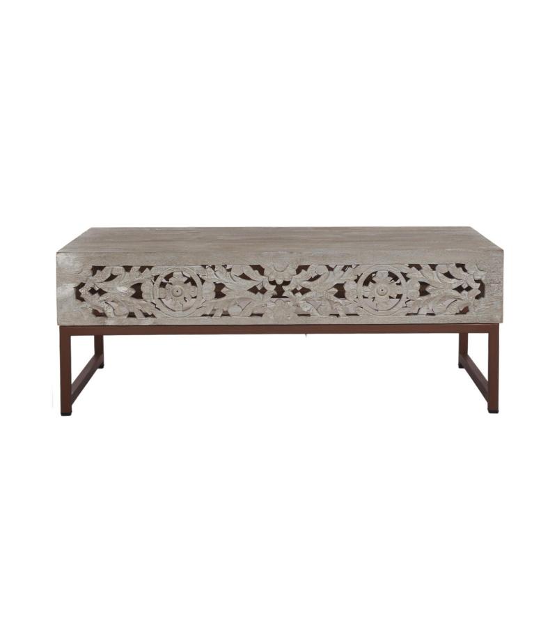 HAND CARVED WOOD & METAL COFFEE TABLE