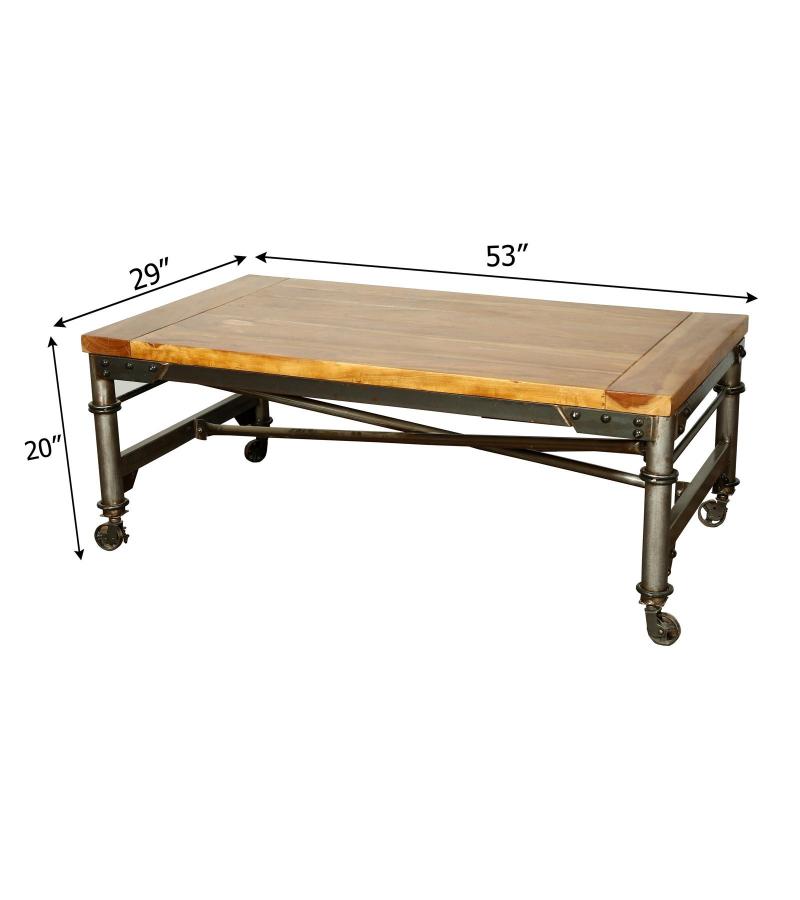 SOLID WOOD & IRON COFFEE TABLE ON WHEELS