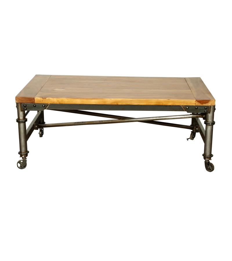 SOLID WOOD & IRON COFFEE TABLE ON WHEELS
