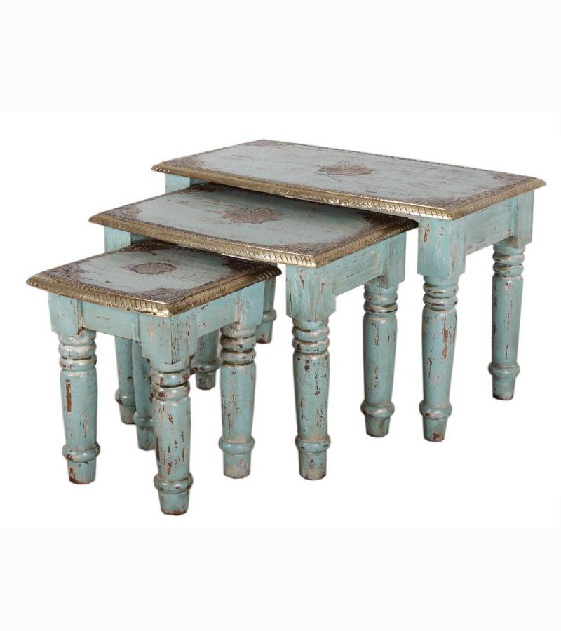 WOODEN STOOL SET OF 3 WITH BRASS