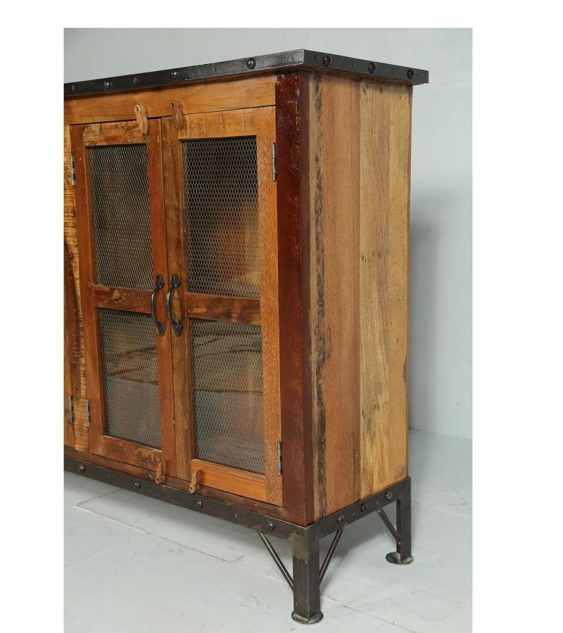 SOLID RECLAIMED TEAK WOOD & GLASS CABINET SIDEBOARD W/ 4 DOORS & METAL TRIM