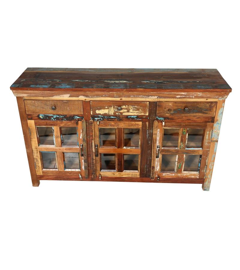 SOLID RECLAIMED TEAK WOOD & GLASS SIDEBOARD W/ 3 DOORS 3 DRAWERS