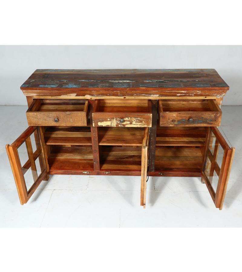 SOLID RECLAIMED TEAK WOOD & GLASS SIDEBOARD W/ 3 DOORS 3 DRAWERS