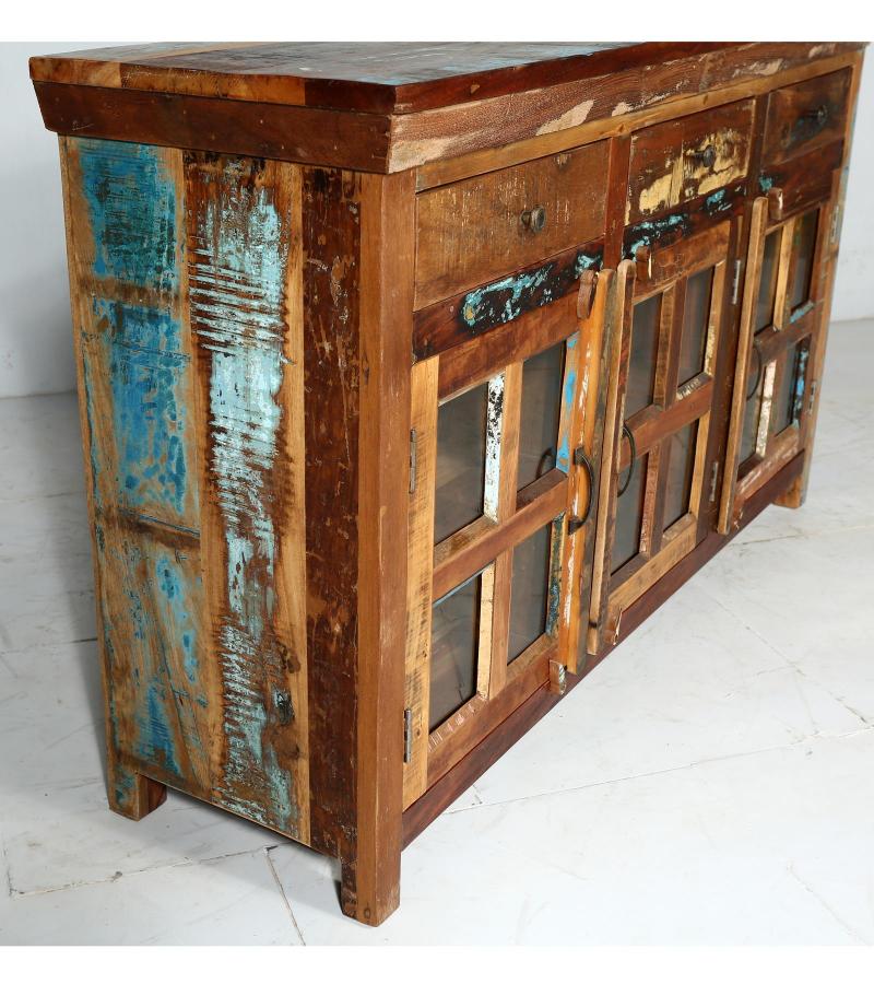 SOLID RECLAIMED TEAK WOOD & GLASS SIDEBOARD W/ 3 DOORS 3 DRAWERS