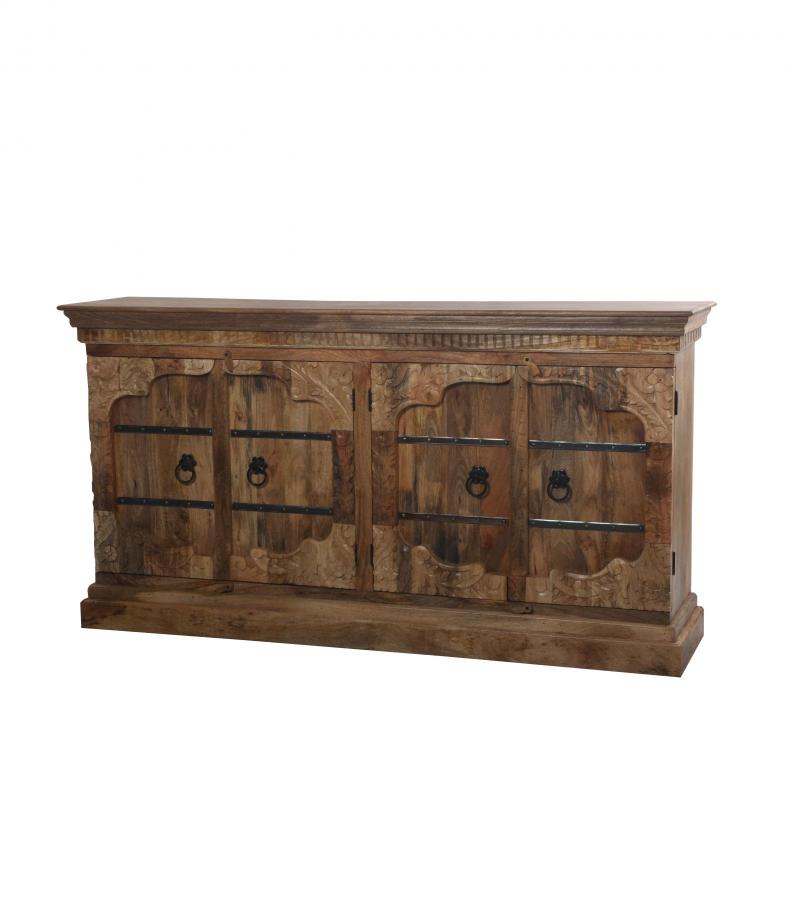 HAND CARVED SOLID WOOD SIDEBOARD W/ METAL ACCENTS