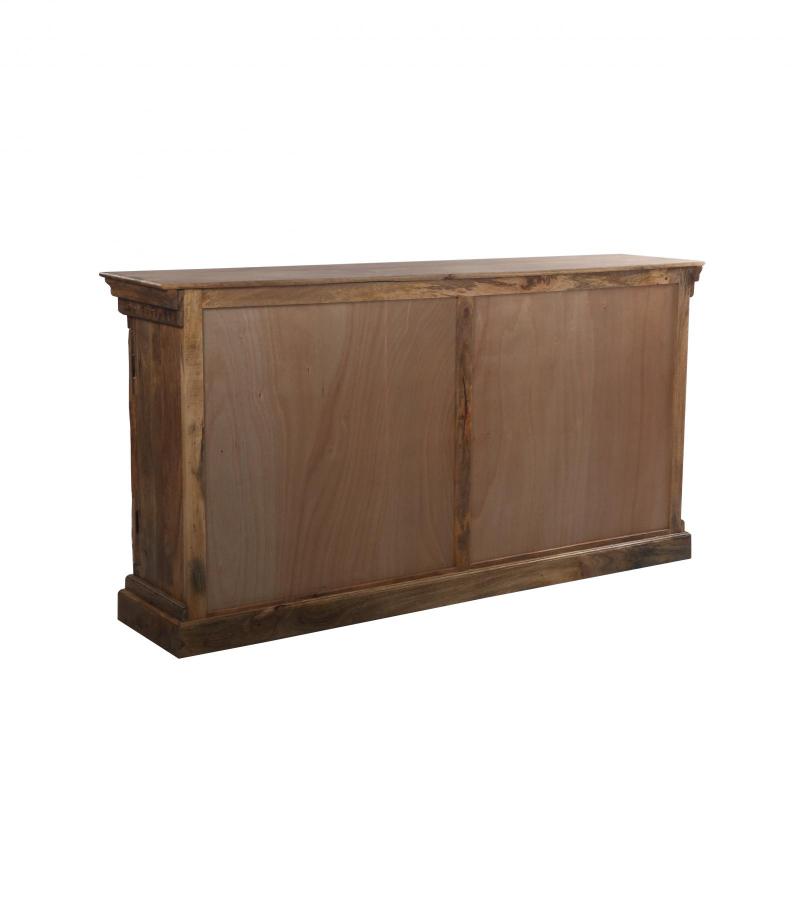 HAND CARVED SOLID WOOD SIDEBOARD W/ METAL ACCENTS