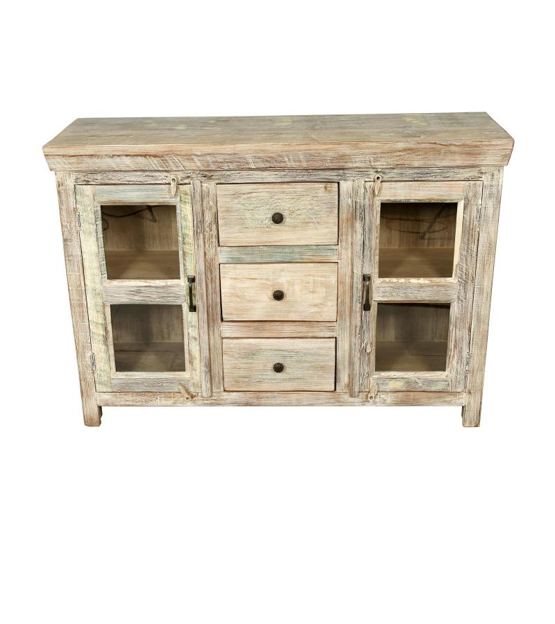 SOLID RECLAIMED TEAK WOOD & GLASS SIDEBOARD W/ 2 DOORS & 3 DRAWERS