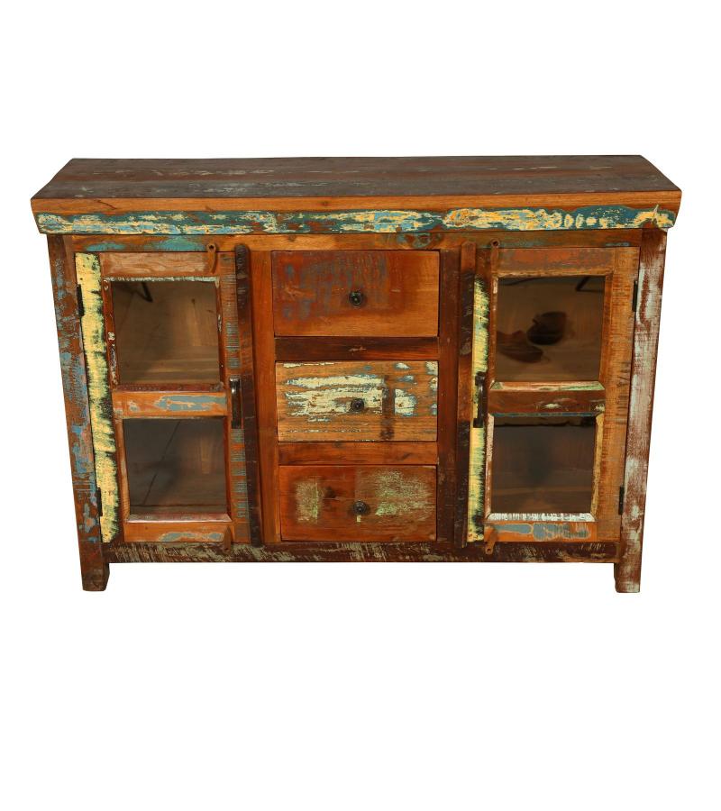 SOLID RECLAIMED TEAK WOOD SIDEBOARD W/ DRAWERS, DOORS & GLASS