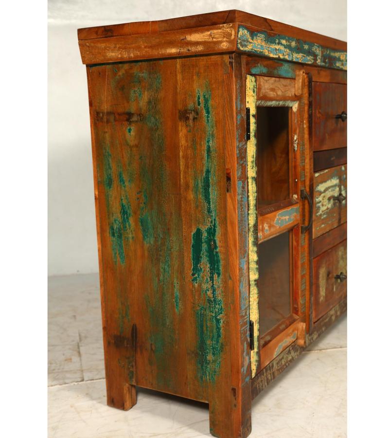 SOLID RECLAIMED TEAK WOOD SIDEBOARD W/ DRAWERS, DOORS & GLASS