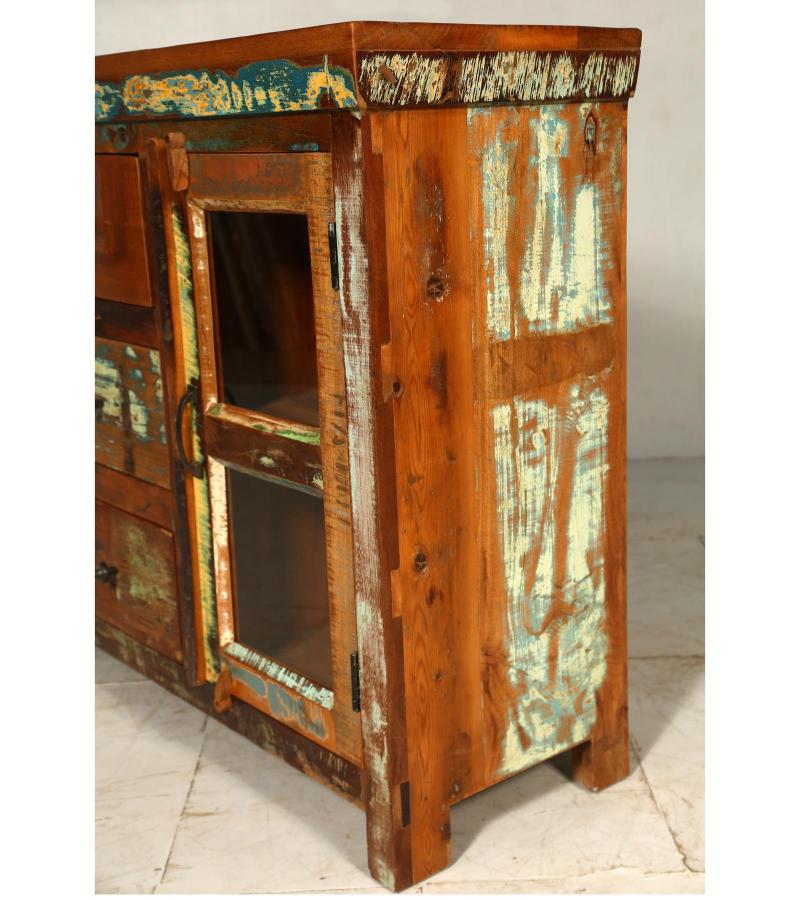 SOLID RECLAIMED TEAK WOOD SIDEBOARD W/ DRAWERS, DOORS & GLASS