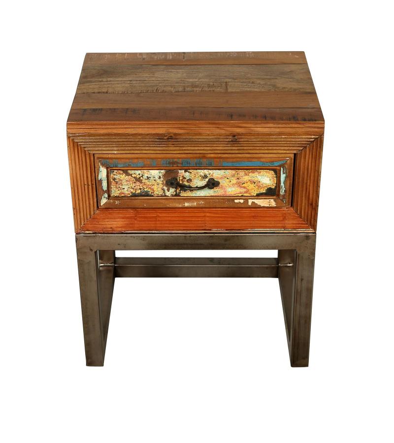 SOLID RECLAIMED TEAK WOOD & IRON NIGHTSTAND END TABLE W/ DRAWER
