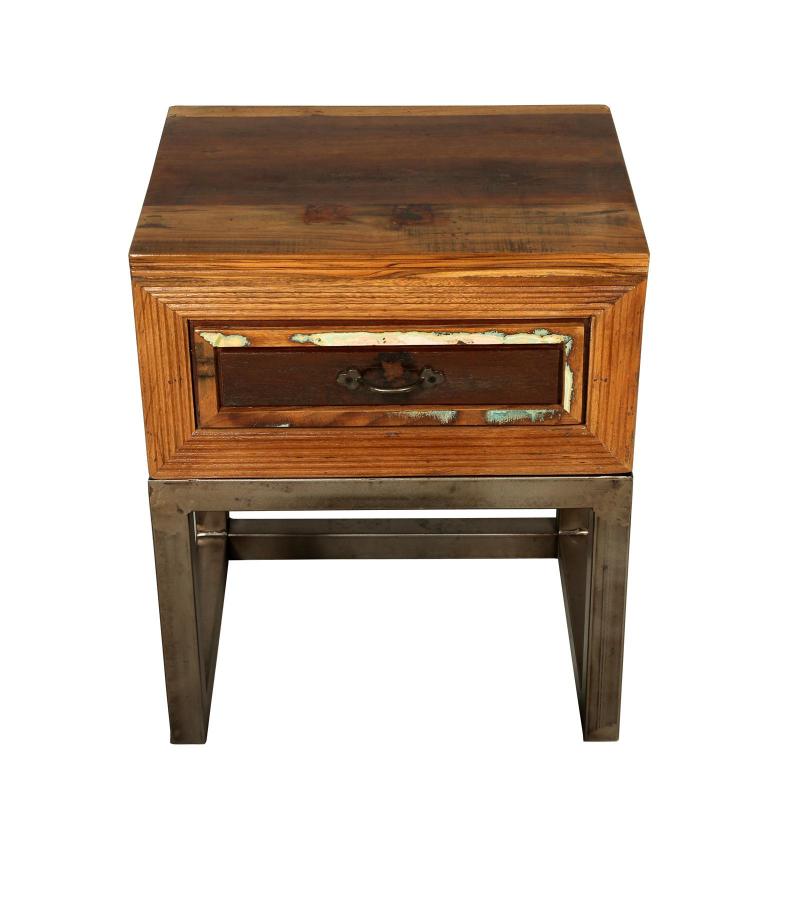 SOLID RECLAIMED TEAK WOOD & IRON NIGHTSTAND END TABLE W/ DRAWER