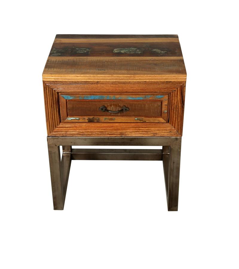 SOLID RECLAIMED TEAK WOOD & IRON NIGHTSTAND END TABLE W/ DRAWER