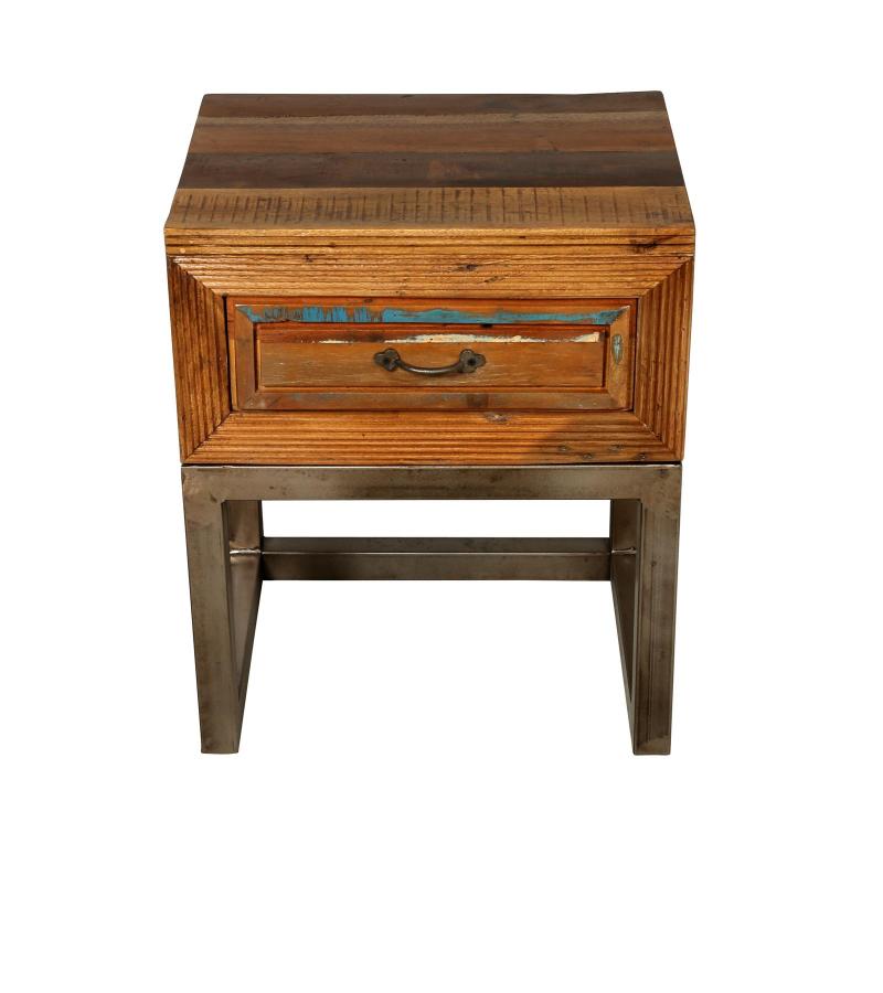 SOLID RECLAIMED TEAK WOOD & IRON NIGHTSTAND END TABLE W/ DRAWER