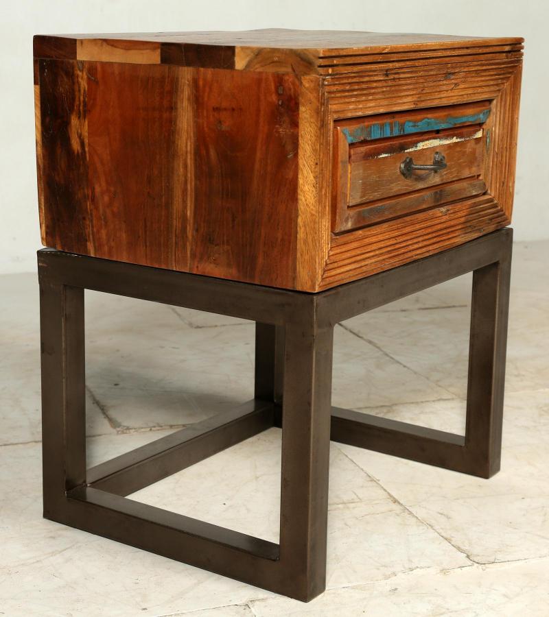 SOLID RECLAIMED TEAK WOOD & IRON NIGHTSTAND END TABLE W/ DRAWER