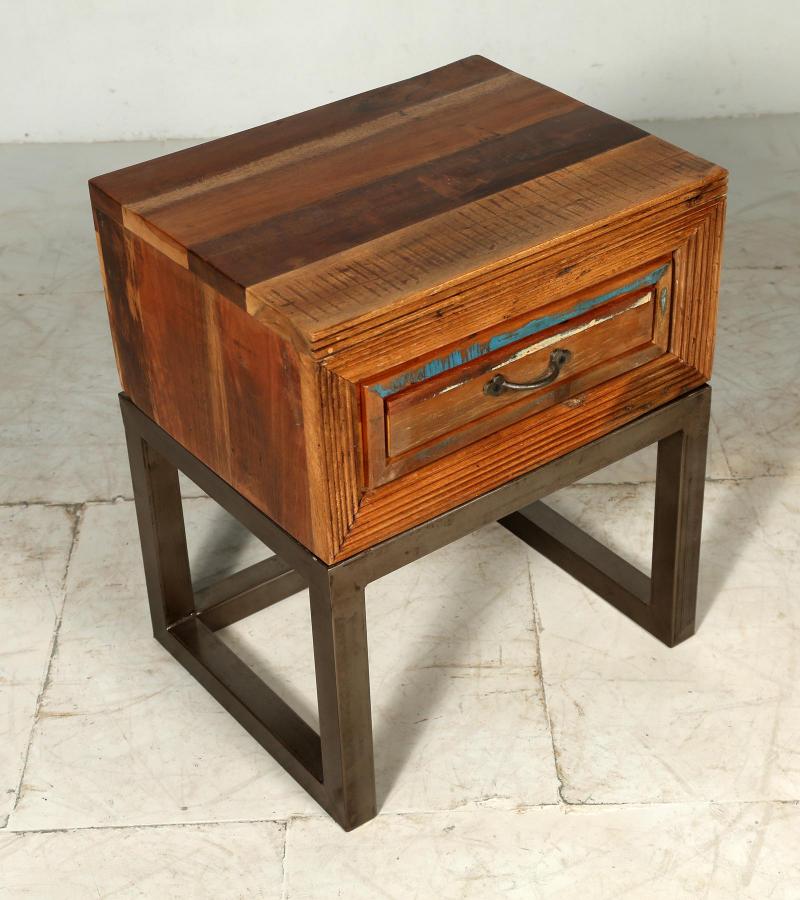 SOLID RECLAIMED TEAK WOOD & IRON NIGHTSTAND END TABLE W/ DRAWER