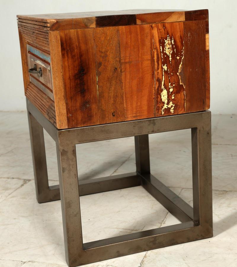 SOLID RECLAIMED TEAK WOOD & IRON NIGHTSTAND END TABLE W/ DRAWER
