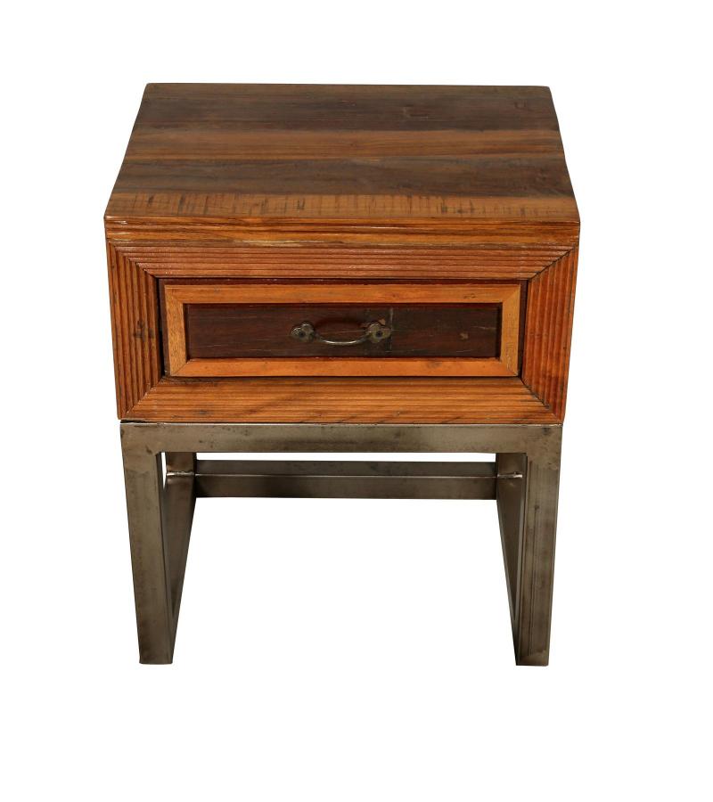 SOLID RECLAIMED TEAK WOOD & IRON NIGHTSTAND END TABLE W/ DRAWER