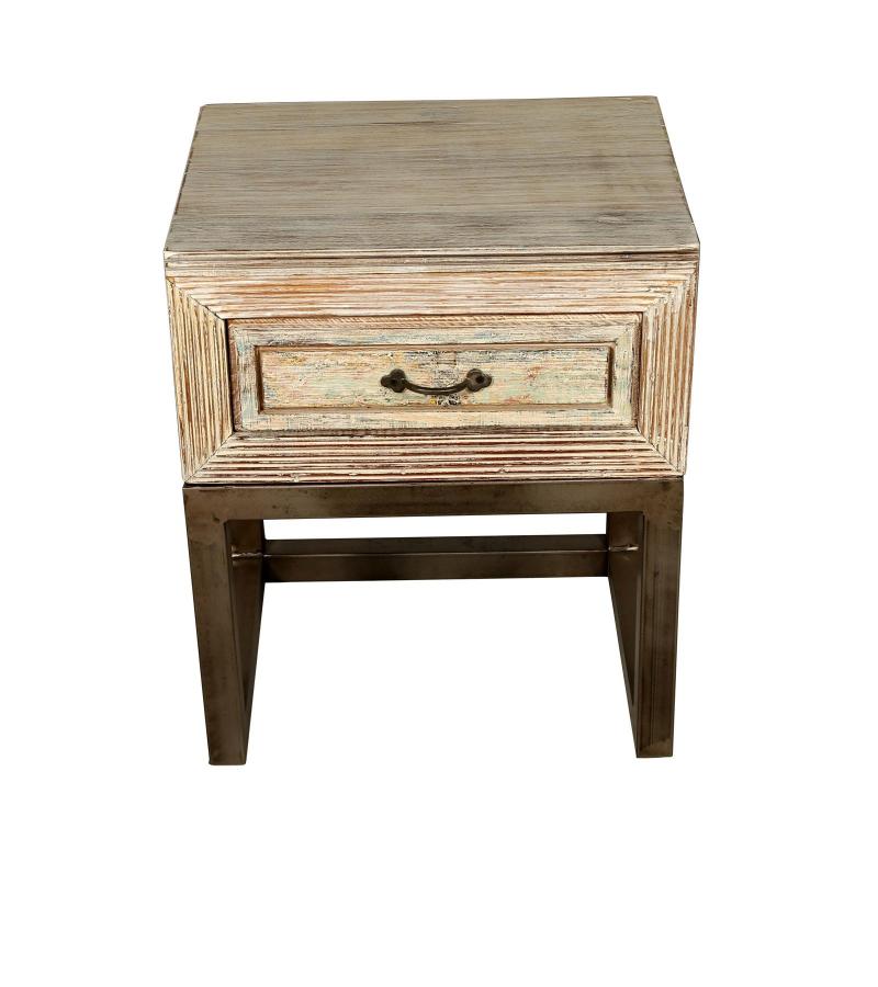 SOLID RECLAIMED TEAK WOOD & IRON NIGHTSTAND END TABLE W/ DRAWER