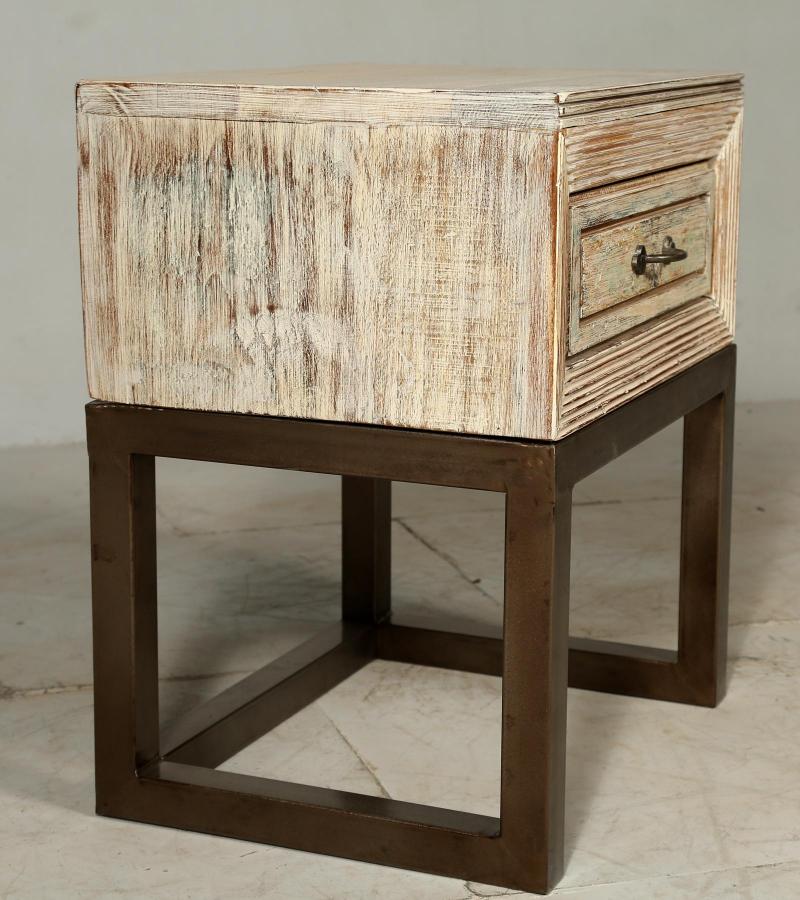 SOLID RECLAIMED TEAK WOOD & IRON NIGHTSTAND END TABLE W/ DRAWER