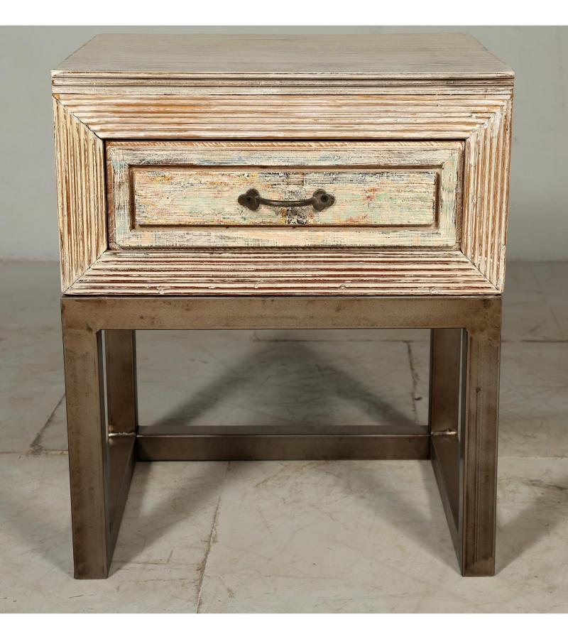 SOLID RECLAIMED TEAK WOOD & IRON NIGHTSTAND END TABLE W/ DRAWER