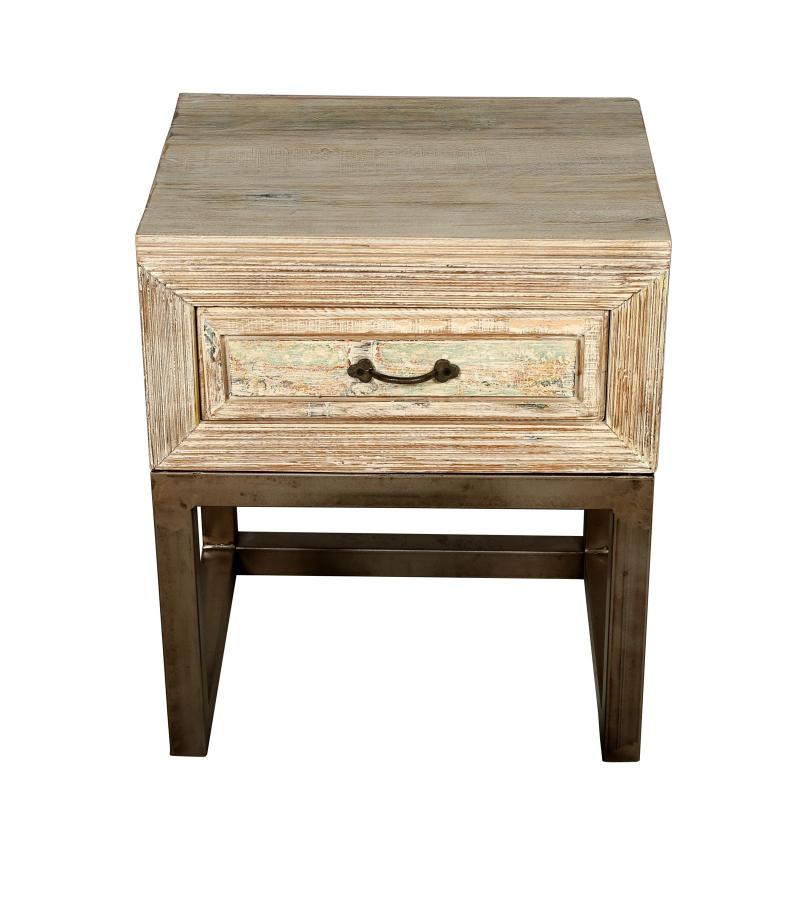SOLID RECLAIMED TEAK WOOD & IRON NIGHTSTAND END TABLE W/ DRAWER