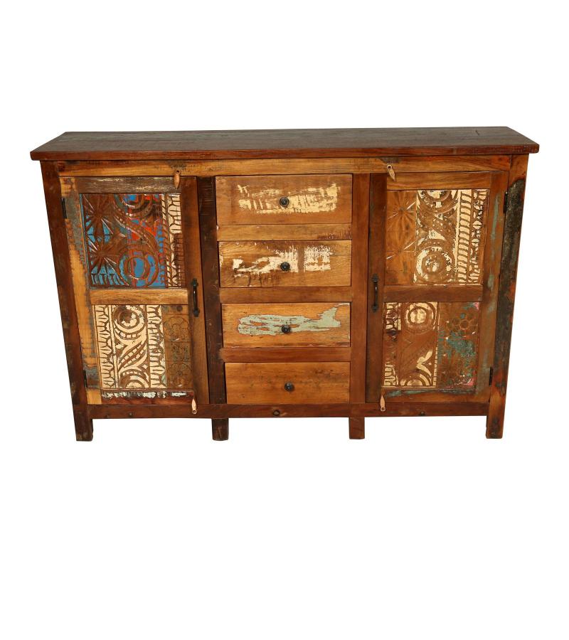 SOLID RECLAIMED CARVED TEAK WOOD W/ 4 DRAWERS & 2 DOORS SIDEBOARD CONSOLE