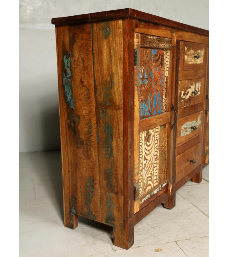 SOLID RECLAIMED CARVED TEAK WOOD W/ 4 DRAWERS & 2 DOORS SIDEBOARD CONSOLE