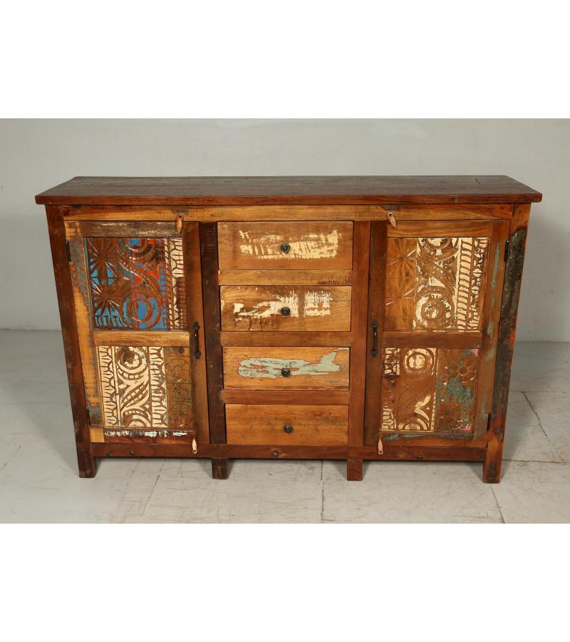 SOLID RECLAIMED CARVED TEAK WOOD W/ 4 DRAWERS & 2 DOORS SIDEBOARD CONSOLE