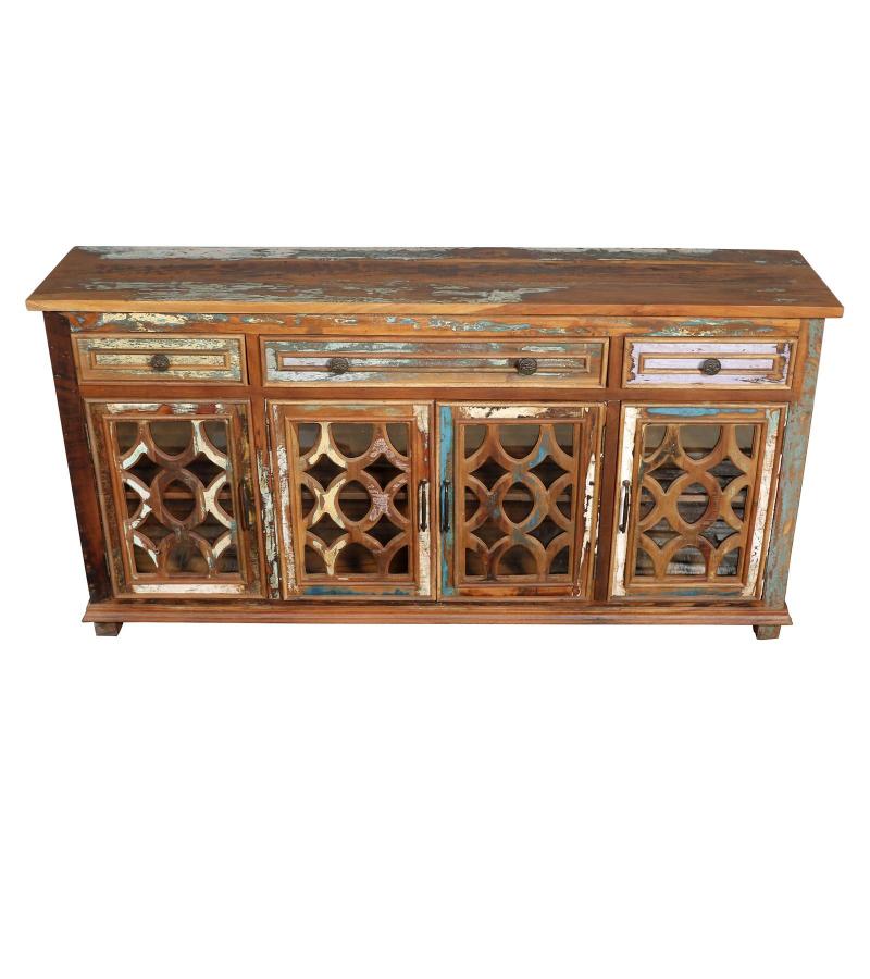 SOLID RECLAIMED TEAK WOOD & GLASS SIDEBOARD