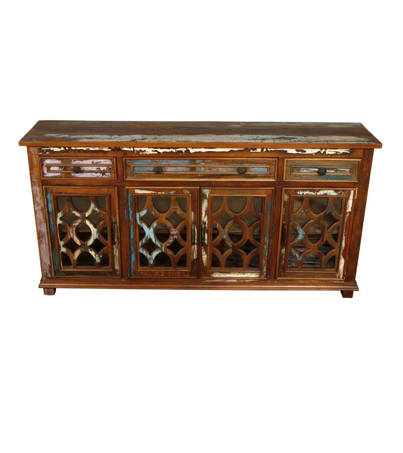 SOLID RECLAIMED TEAK WOOD & GLASS SIDEBOARD CABINET WITH 4 DRAWERS & 4 DOORS