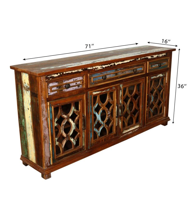 SOLID RECLAIMED TEAK WOOD & GLASS SIDEBOARD CABINET WITH 4 DRAWERS & 4 DOORS