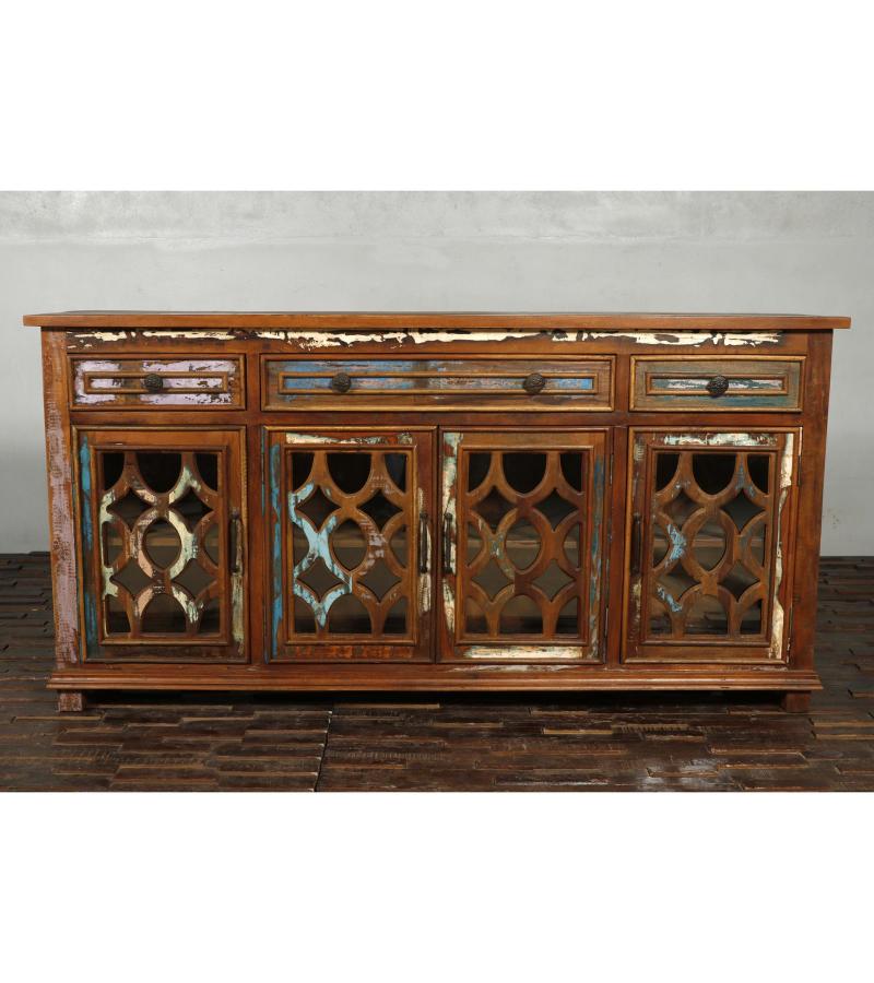 SOLID RECLAIMED TEAK WOOD & GLASS SIDEBOARD CABINET WITH 4 DRAWERS & 4 DOORS