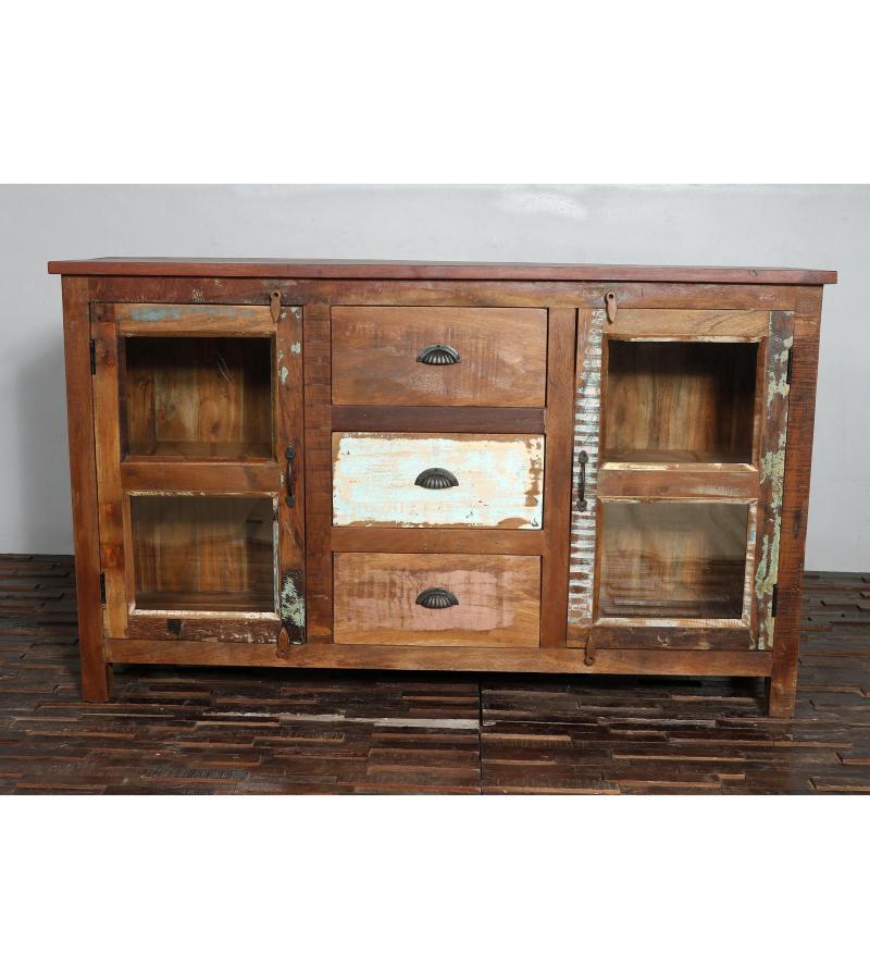 SOLID RECLAIMED TEAK WOOD & GLASS SIDEBOARD CONSOLE CABINET W/ 2 DOORS & 3 DRAWERS