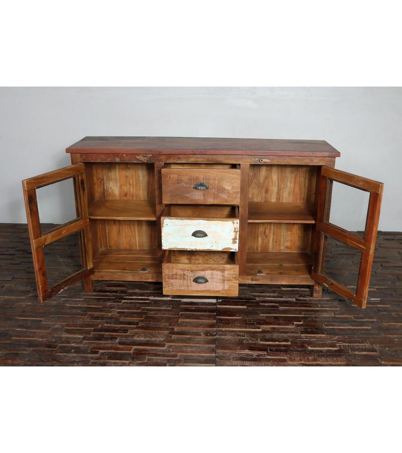 SOLID RECLAIMED TEAK WOOD & GLASS SIDEBOARD CONSOLE CABINET W/ 2 DOORS & 3 DRAWERS