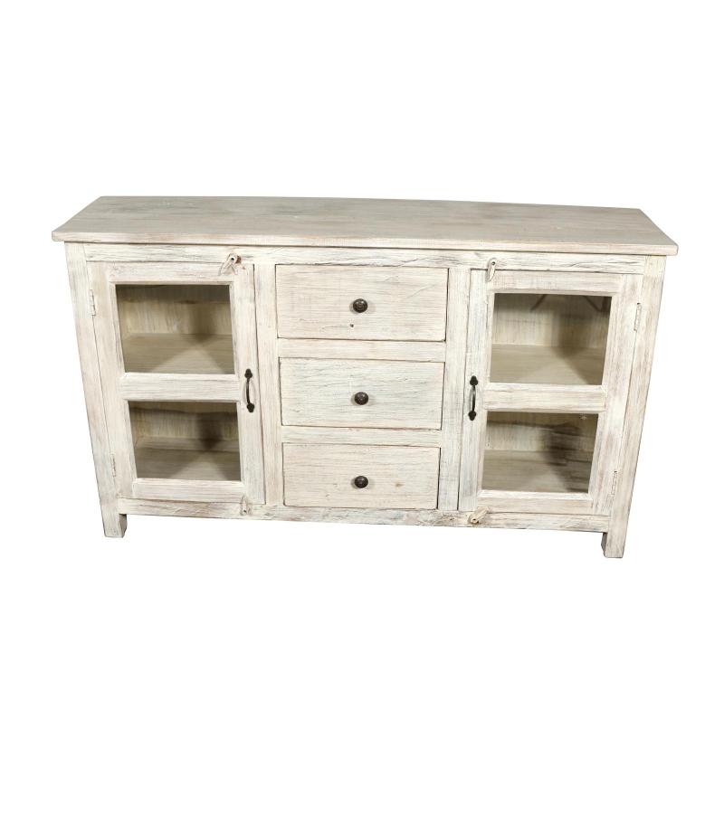 SOLID RECLAIMED TEAK WOOD & GLASS SIDEBOARD CABINET W/ 2 DOORS & 3 DRAWERS 