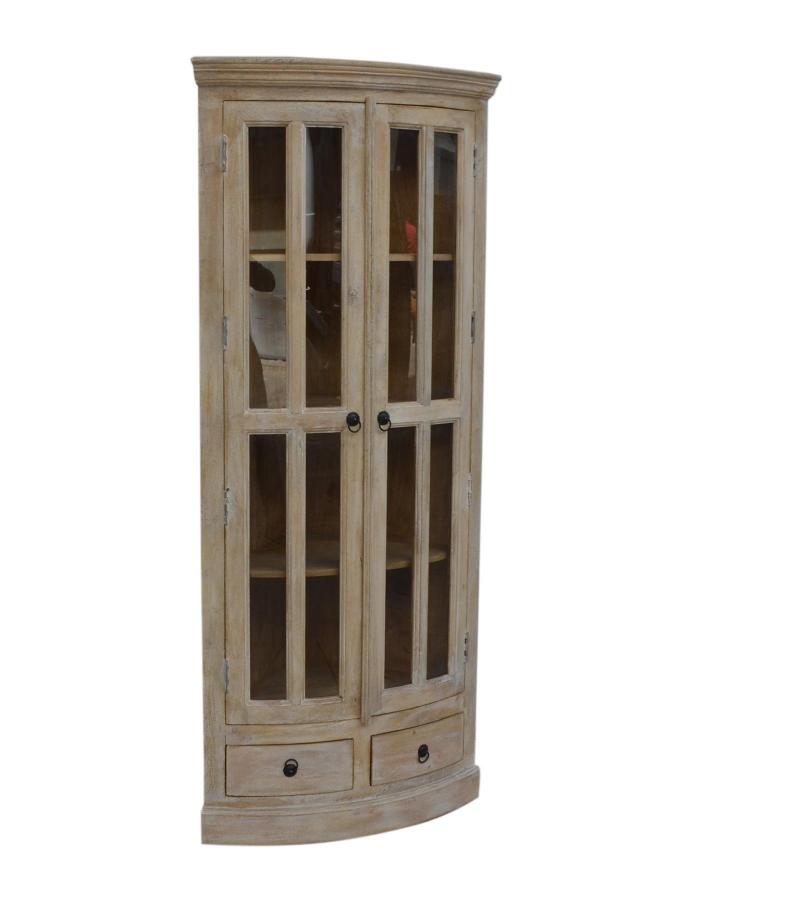SOLID WOOD & GLASS CORNER CABINET W/ 2 DRAWERS